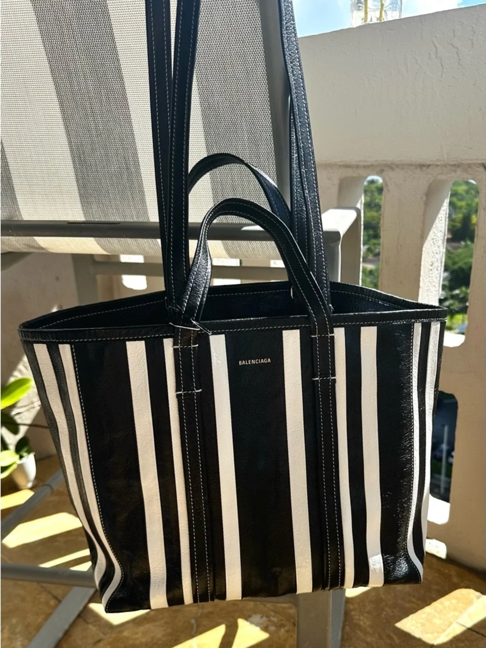 Balenciaga Barbes East-West Shopper Tote Black White Striped Leather Bag - Picture 14 of 16
